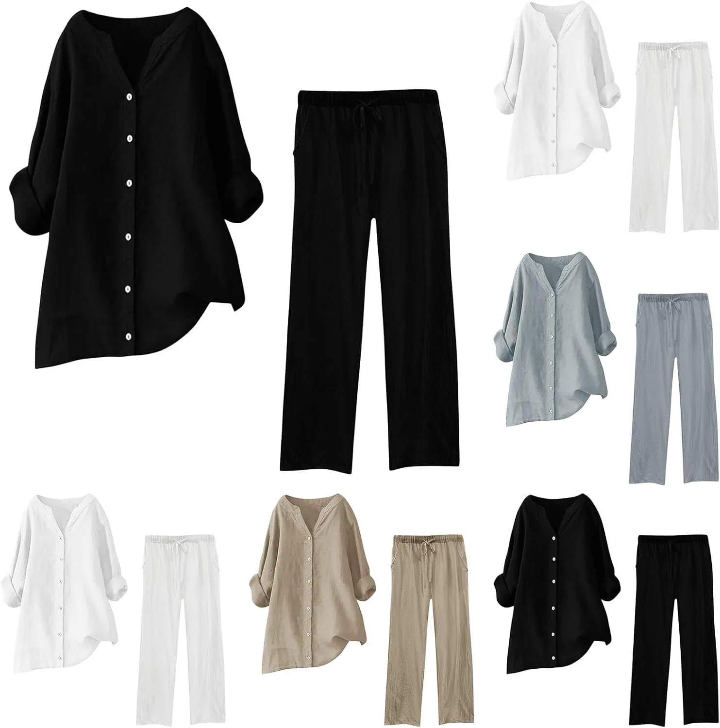 Womens Cotton Linen 2 Piece Outfit Roll Up Long Sleeve Crewneck Button Tops Wide Leg Pants Summer Casual Set Plus Size