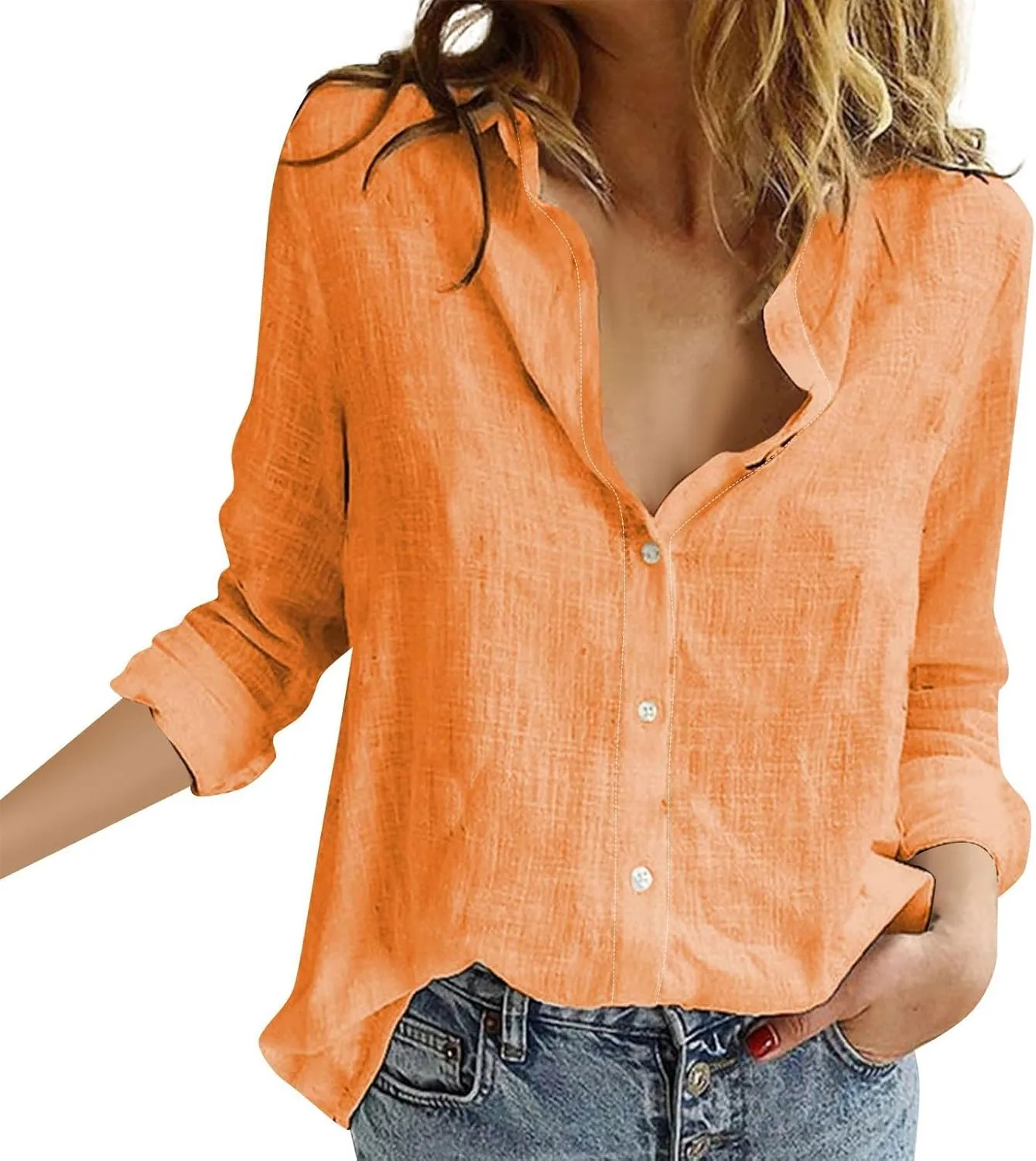 Womens Cotton Linen Button Down Shirts Summer Fall Casual Long Sleeve Solid Color Loose Fit Collared Work Blouse Tops