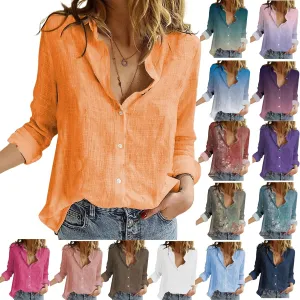 Womens Cotton Linen Button Down Shirts Summer Fall Casual Long Sleeve Solid Color Loose Fit Collared Work Blouse Tops