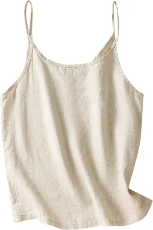 Womens Cotton Linen Camisole Tank Tops Causal Crew Neck Sleeveless Tops Loose Fit Summer Shirts Spaghetti Strap Cami