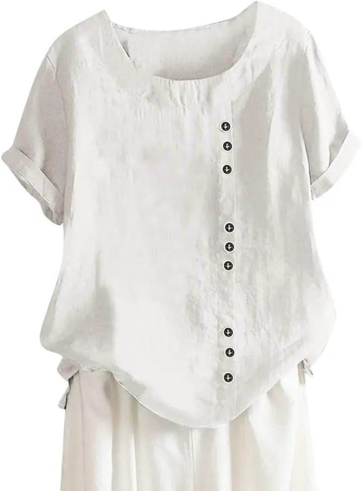 Women's Cotton Linen Short Sleeve Shirts Casual Loose Crewneck Tunic Tops Summer Trendy Button Beach Vacation T Shirt
