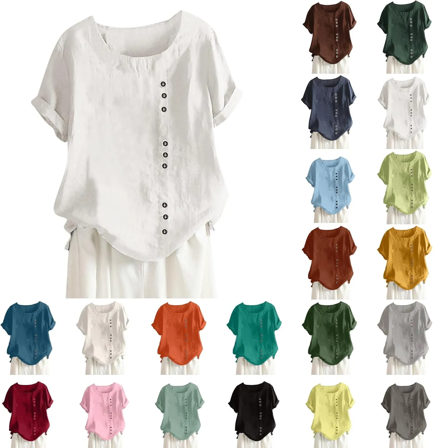 Women's Cotton Linen Short Sleeve Shirts Casual Loose Crewneck Tunic Tops Summer Trendy Button Beach Vacation T Shirt