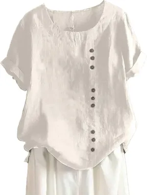 Women's Cotton Linen Short Sleeve Shirts Casual Loose Crewneck Tunic Tops Summer Trendy Button Beach Vacation T Shirt