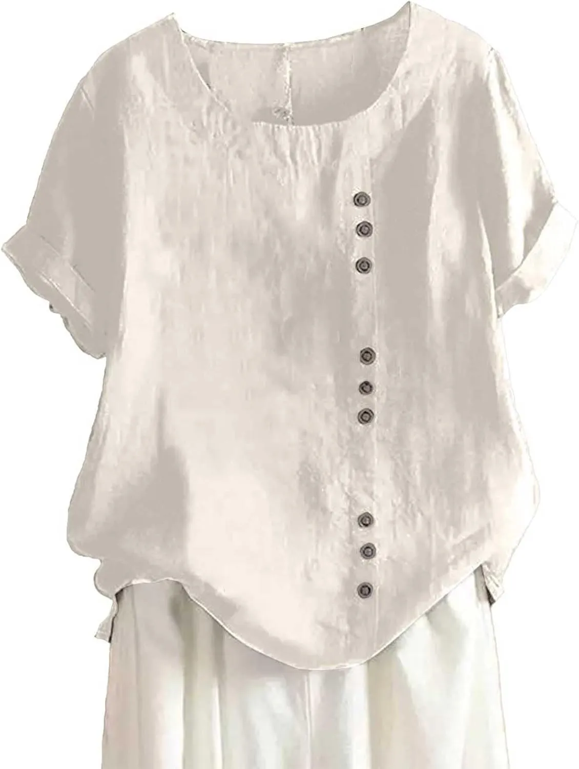 Women's Cotton Linen Short Sleeve Shirts Casual Loose Crewneck Tunic Tops Summer Trendy Button Beach Vacation T Shirt
