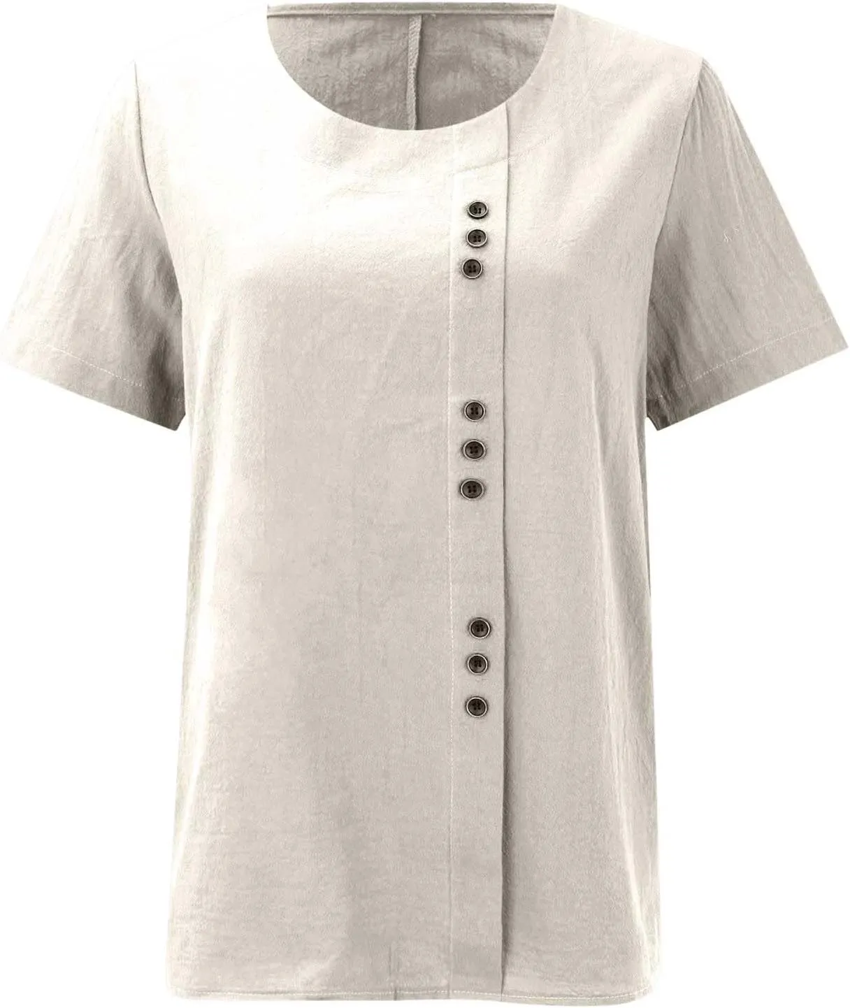 Women's Cotton Linen Short Sleeve Shirts Casual Loose Crewneck Tunic Tops Summer Trendy Button Beach Vacation T Shirt