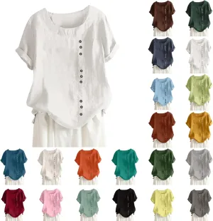 Women's Cotton Linen Short Sleeve Shirts Casual Loose Crewneck Tunic Tops Summer Trendy Button Beach Vacation T Shirt