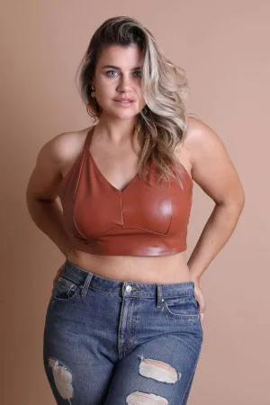 Women's Cross Strap Longline Brown Leather Bralette
