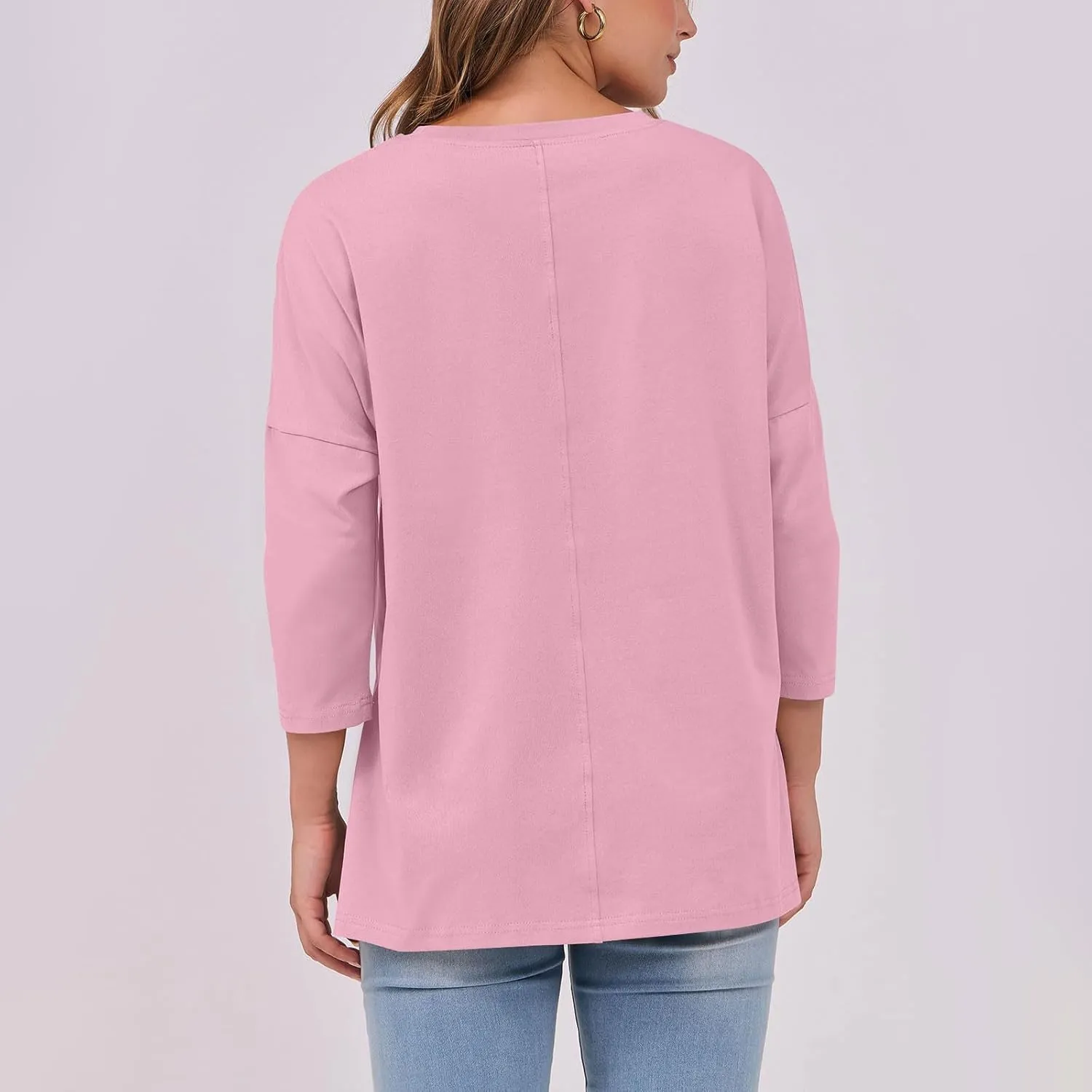 Womens Elbow Length Sleeve Tops with Side Slit Oversized Tees Solid Crew Neck Basic Casual Loose Tunic Tops Tshirt