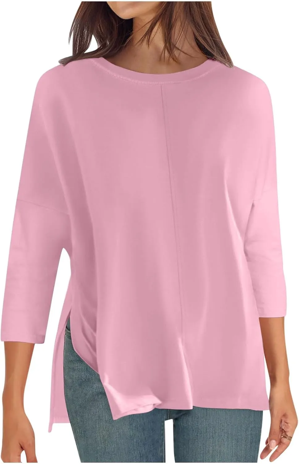 Womens Elbow Length Sleeve Tops with Side Slit Oversized Tees Solid Crew Neck Basic Casual Loose Tunic Tops Tshirt