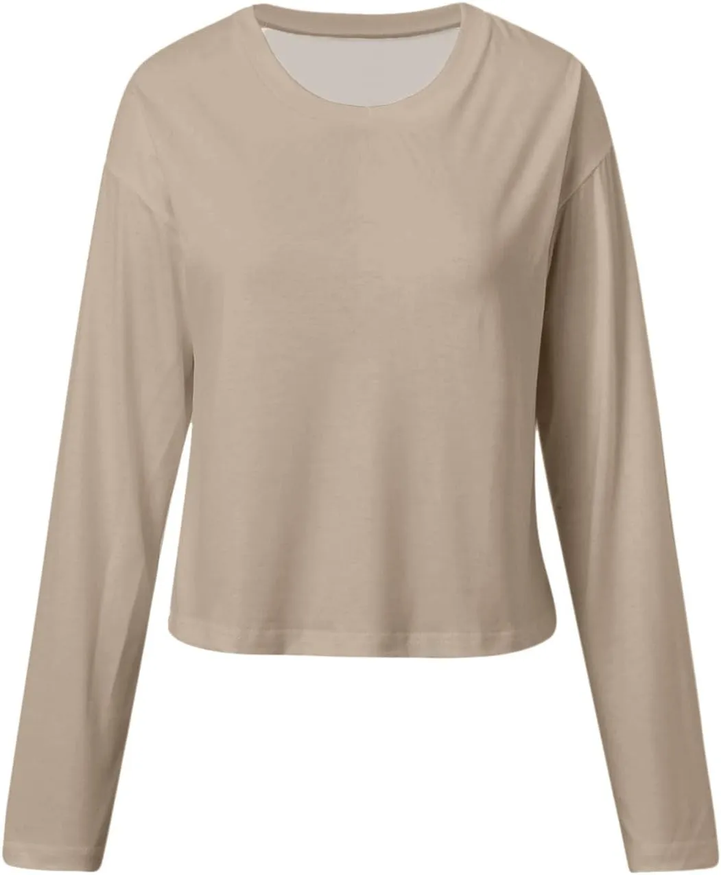 Womens Fashion Fall Long Sleeve Cropped T-Shirts Round Neck Drop Shoulder Crop Sweatshirts Solid Casual Crop Tops