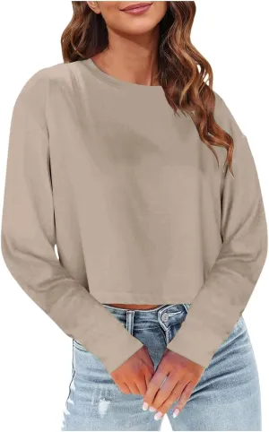 Womens Fashion Fall Long Sleeve Cropped T-Shirts Round Neck Drop Shoulder Crop Sweatshirts Solid Casual Crop Tops