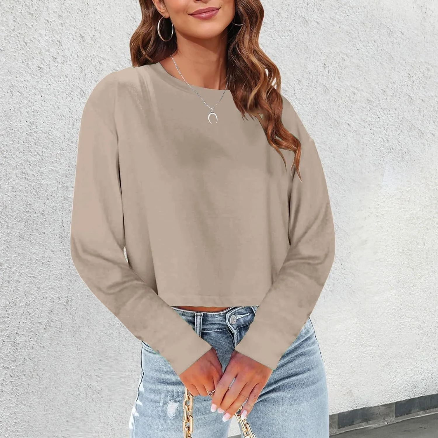 Womens Fashion Fall Long Sleeve Cropped T-Shirts Round Neck Drop Shoulder Crop Sweatshirts Solid Casual Crop Tops