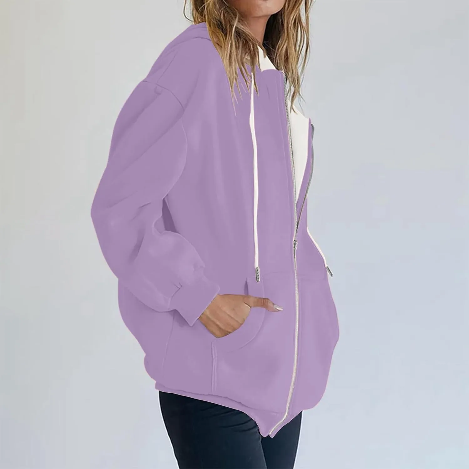 Women's Fashion Zipper Hoodie Long Sleeve Hooded Pullover Sweatshirt Casual Solid Color Tops With Pockets
