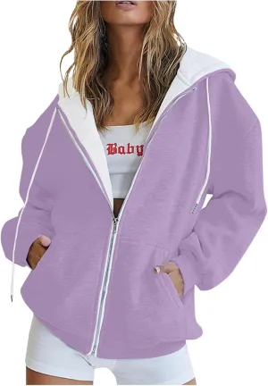 Women's Fashion Zipper Hoodie Long Sleeve Hooded Pullover Sweatshirt Casual Solid Color Tops With Pockets