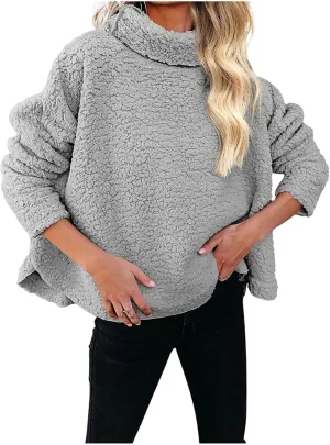 Womens Fuzzy Fleece Turtleneck Pullover Sweater Oversized Casual Soft Warm Winter Sweatshirts Long Sleeve Jumper Tops