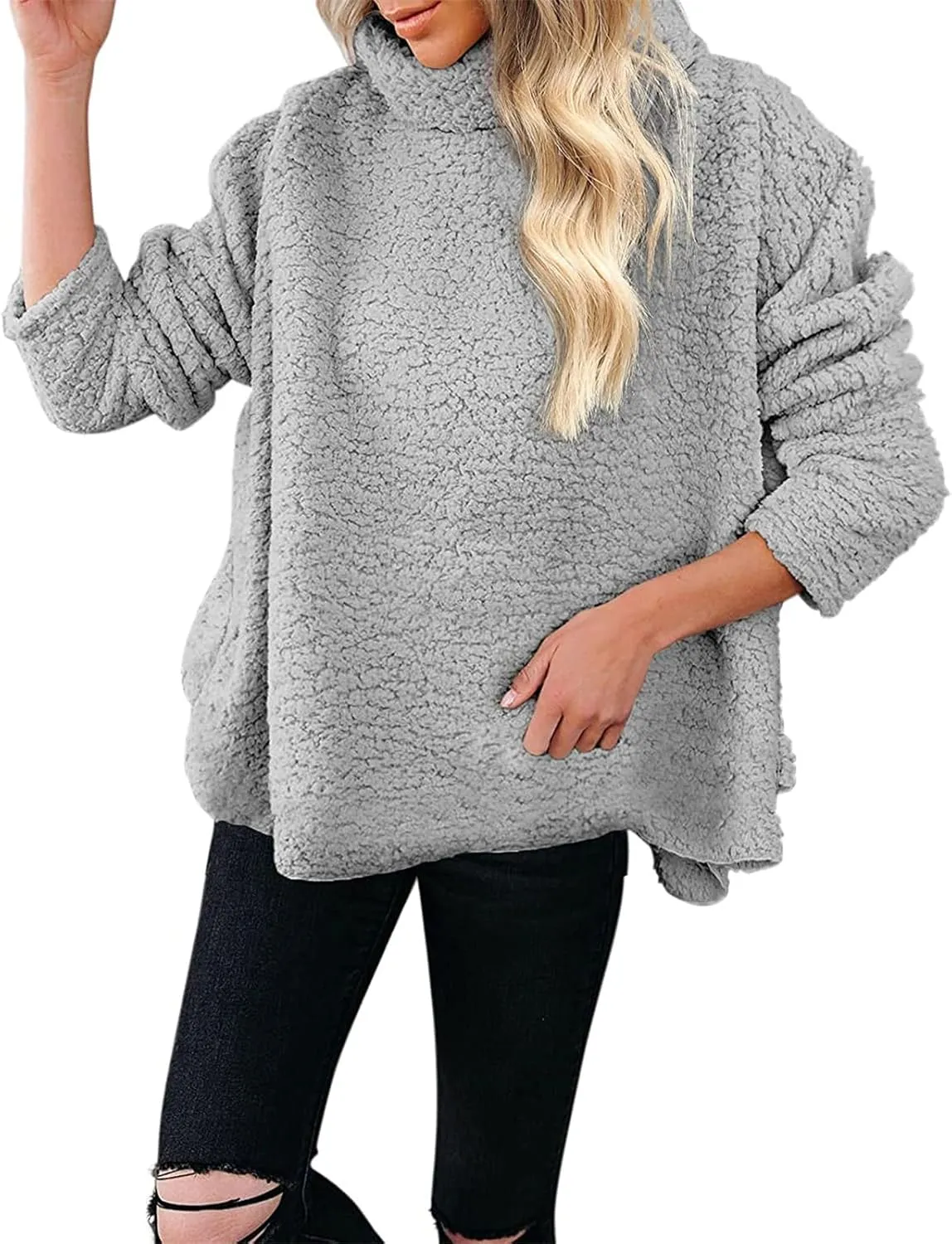 Womens Fuzzy Fleece Turtleneck Pullover Sweater Oversized Casual Soft Warm Winter Sweatshirts Long Sleeve Jumper Tops
