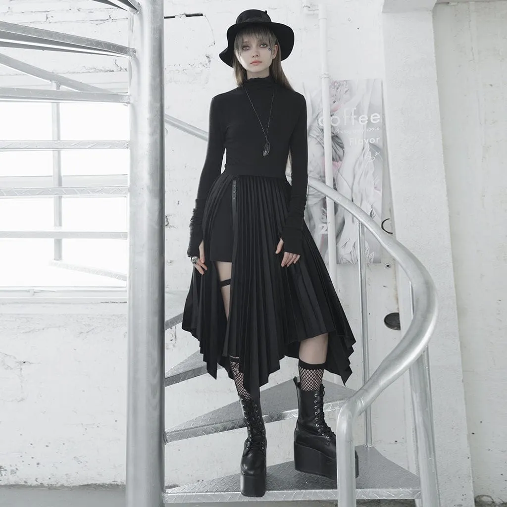 Women's Gothic Asymmetric Hem Long Pleated Skirts With Leg Ring