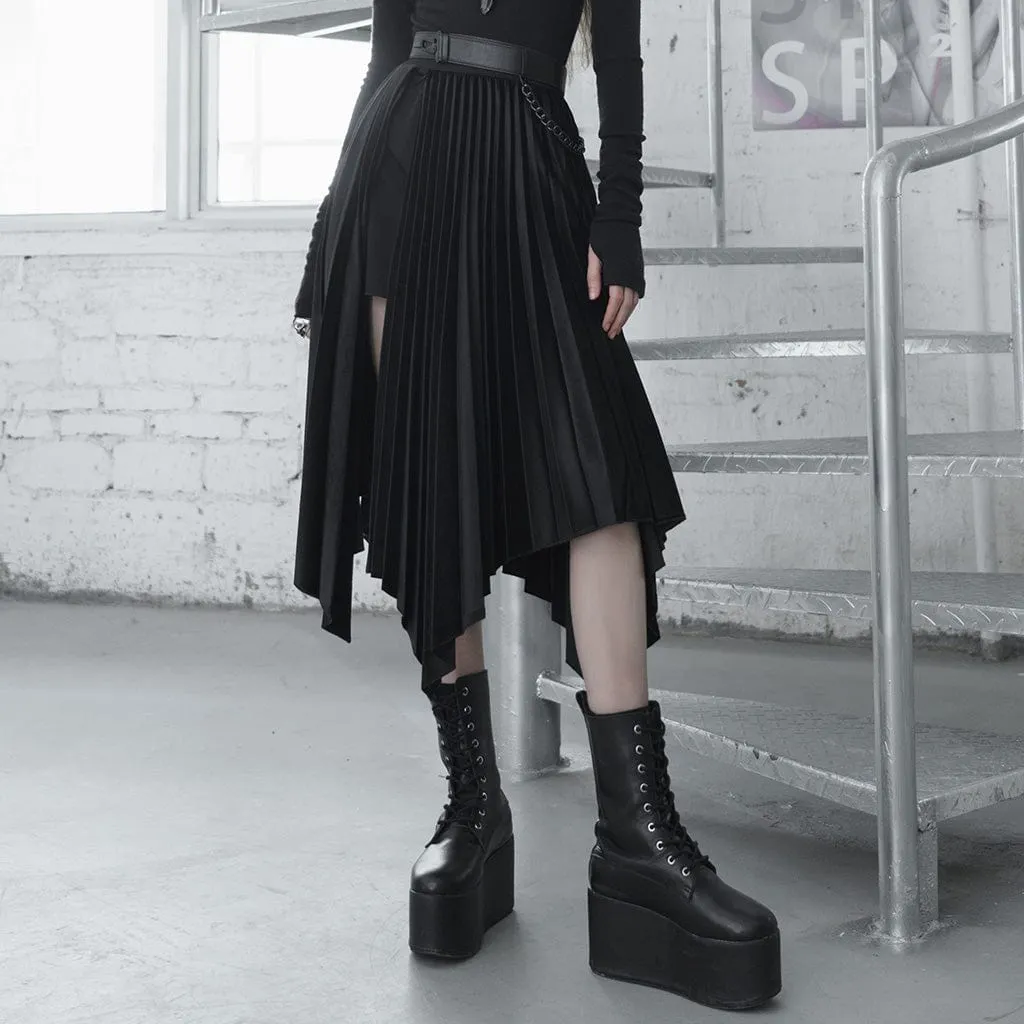Women's Gothic Asymmetric Hem Long Pleated Skirts With Leg Ring