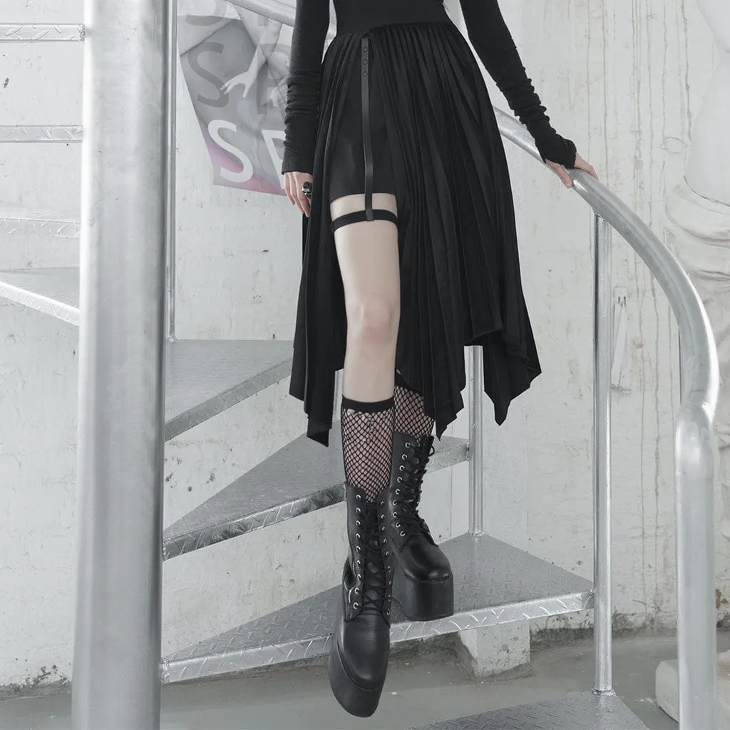 Women's Gothic Asymmetric Hem Long Pleated Skirts With Leg Ring