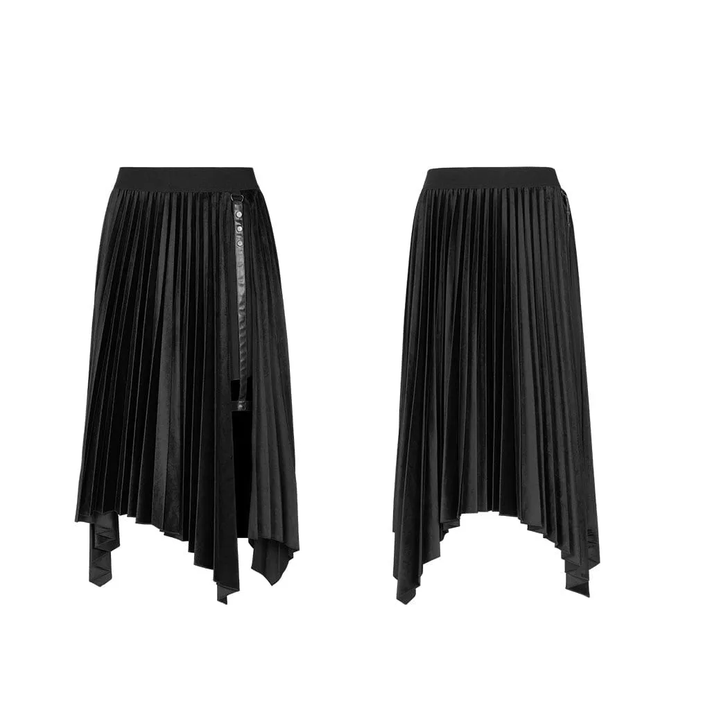 Women's Gothic Asymmetric Hem Long Pleated Skirts With Leg Ring