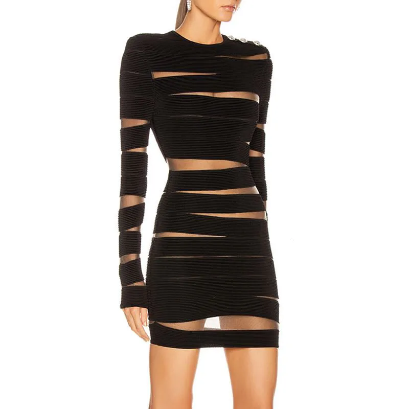 Women's Hollow-cut Mesh Stripe Panels Design Dresses - Ailime Designs
