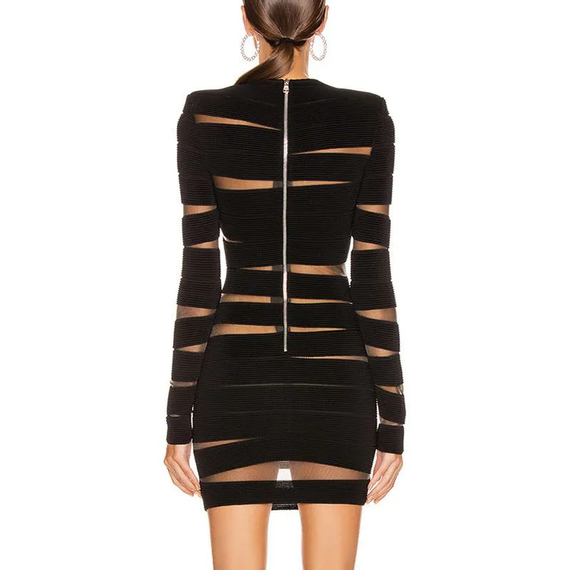 Women's Hollow-cut Mesh Stripe Panels Design Dresses - Ailime Designs