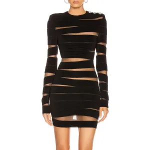 Women's Hollow-cut Mesh Stripe Panels Design Dresses - Ailime Designs