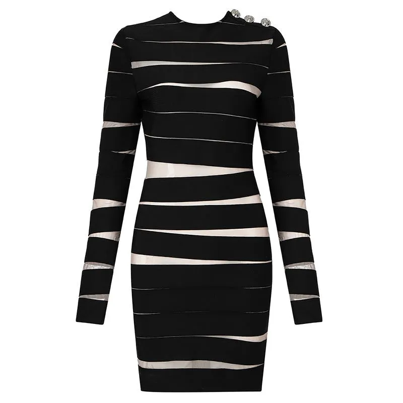 Women's Hollow-cut Mesh Stripe Panels Design Dresses - Ailime Designs