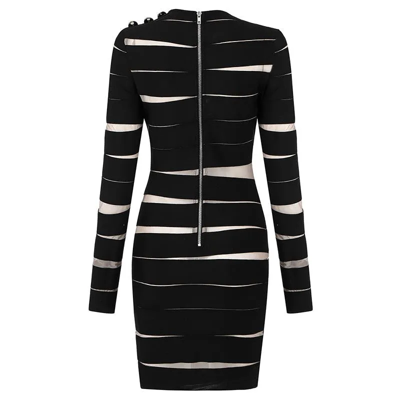Women's Hollow-cut Mesh Stripe Panels Design Dresses - Ailime Designs