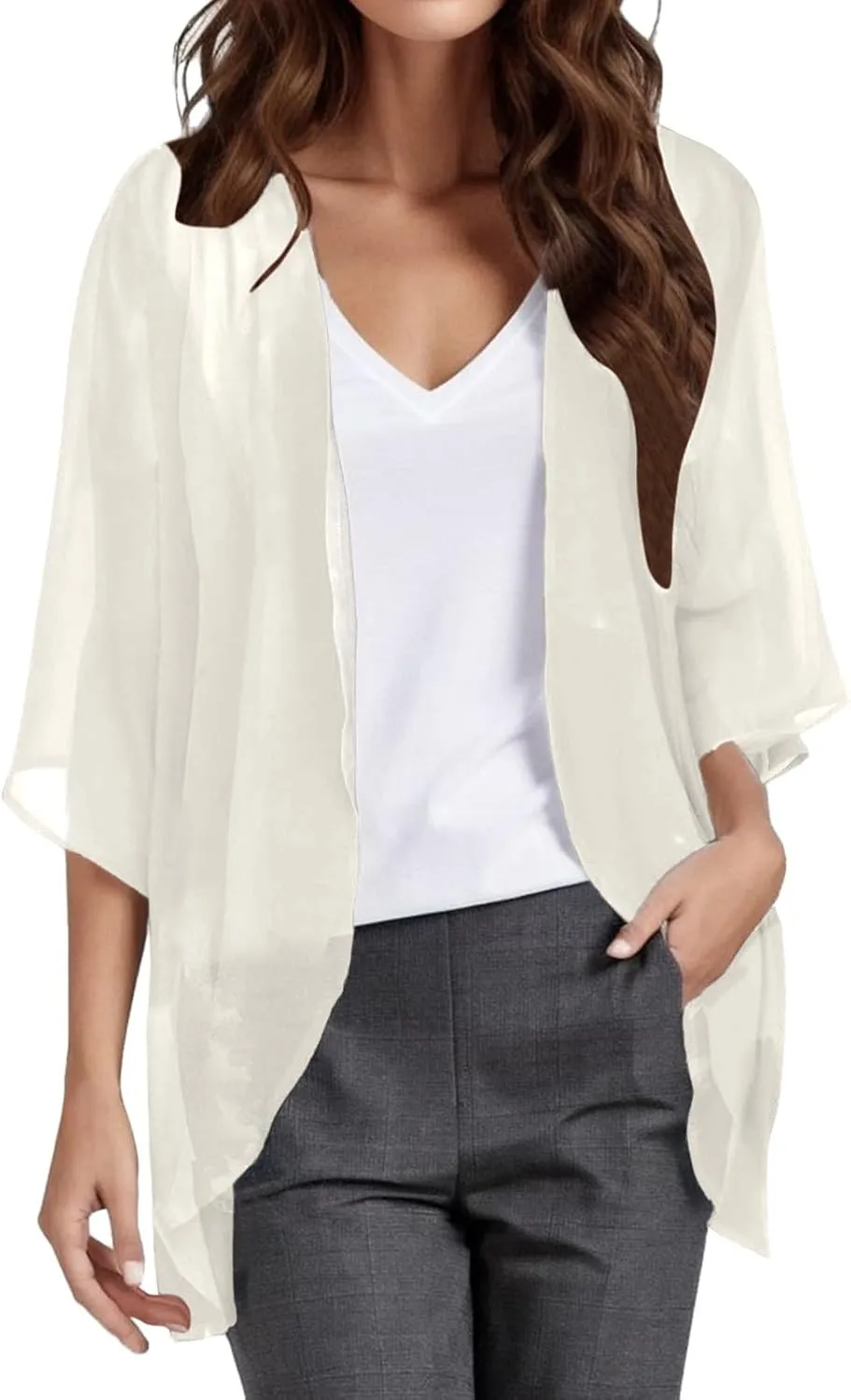Womens Kimono Cardigans Dressy Solid 3/4 Sleeve Chiffon Open Front Lightweight Summer Cardigan Sheer Beach Cover Up