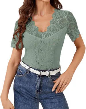 Womens Lace Scalloped Short Sleeve V Neck T Shirts Summer Casual Floral Tops Slim Fit Tees Blouses Sexy Tops for Women