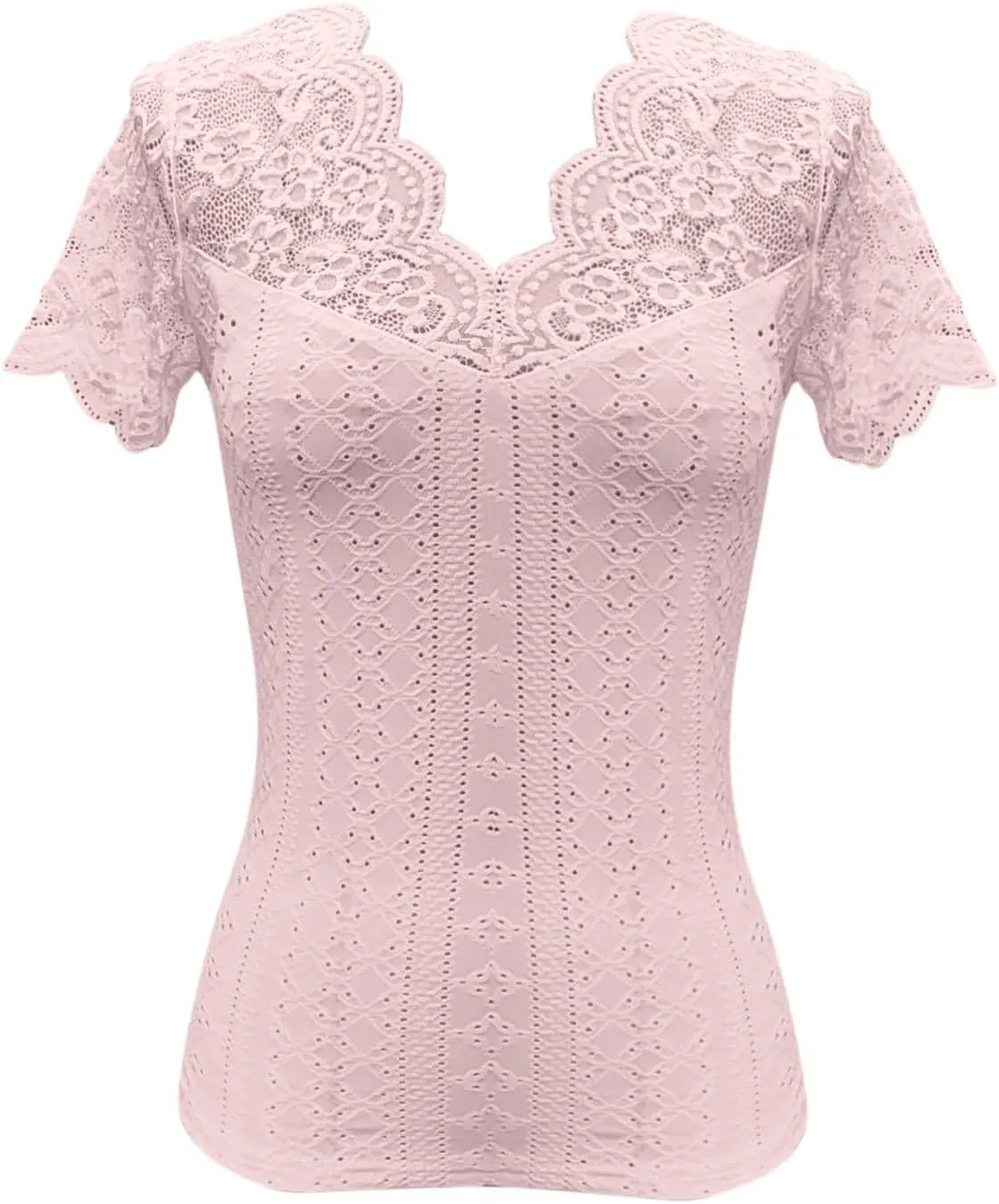 Womens Lace Scalloped Short Sleeve V Neck T Shirts Summer Casual Floral Tops Slim Fit Tees Blouses Sexy Tops for Women