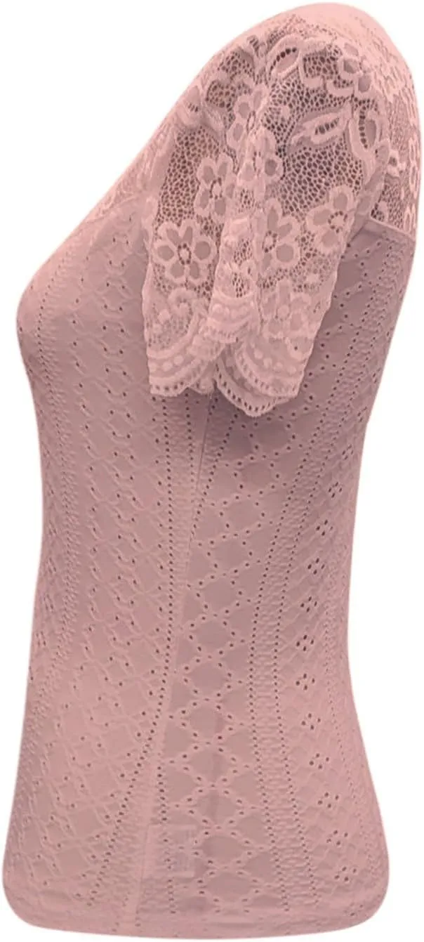 Womens Lace Scalloped Short Sleeve V Neck T Shirts Summer Casual Floral Tops Slim Fit Tees Blouses Sexy Tops for Women