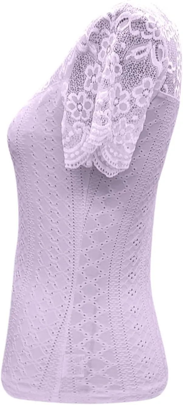 Womens Lace Scalloped Short Sleeve V Neck T Shirts Summer Casual Floral Tops Slim Fit Tees Blouses Sexy Tops for Women