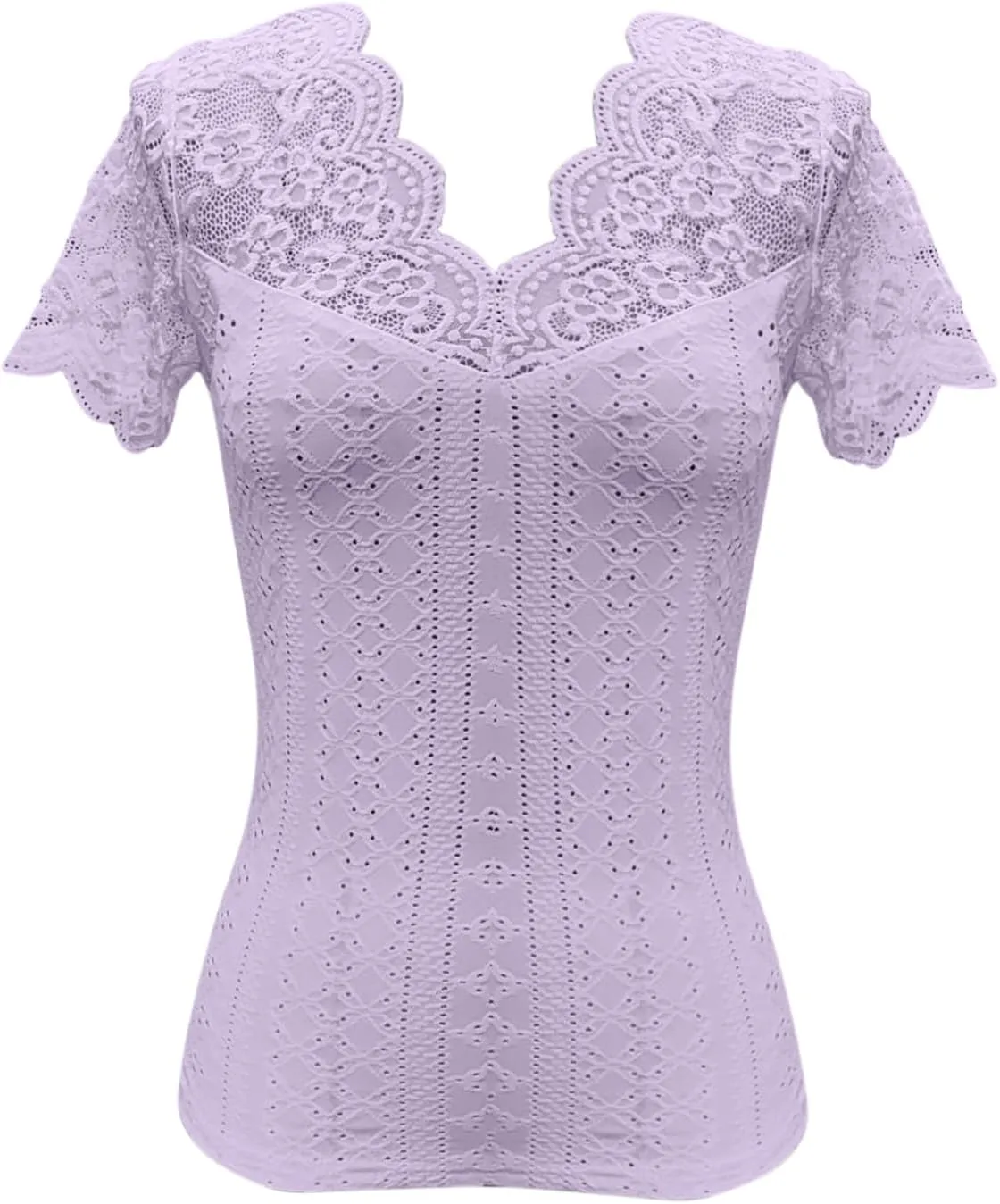 Womens Lace Scalloped Short Sleeve V Neck T Shirts Summer Casual Floral Tops Slim Fit Tees Blouses Sexy Tops for Women