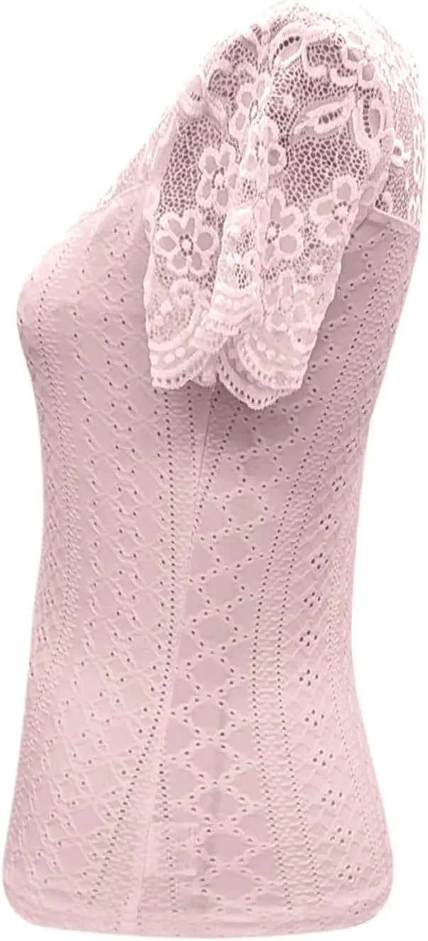 Womens Lace Scalloped Short Sleeve V Neck T Shirts Summer Casual Floral Tops Slim Fit Tees Blouses Sexy Tops for Women