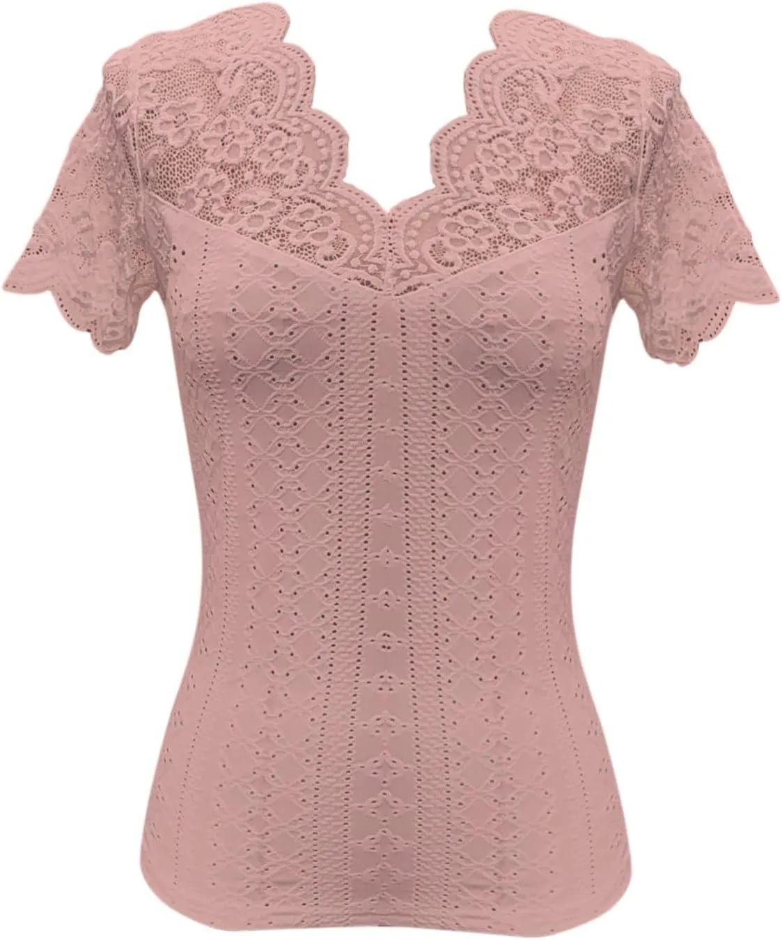 Womens Lace Scalloped Short Sleeve V Neck T Shirts Summer Casual Floral Tops Slim Fit Tees Blouses Sexy Tops for Women