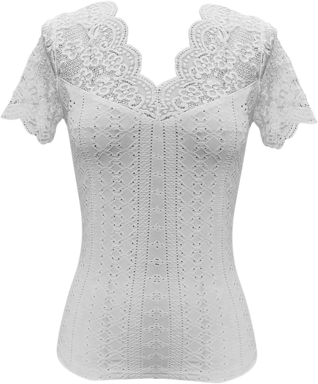 Womens Lace Scalloped Short Sleeve V Neck T Shirts Summer Casual Floral Tops Slim Fit Tees Blouses Sexy Tops for Women