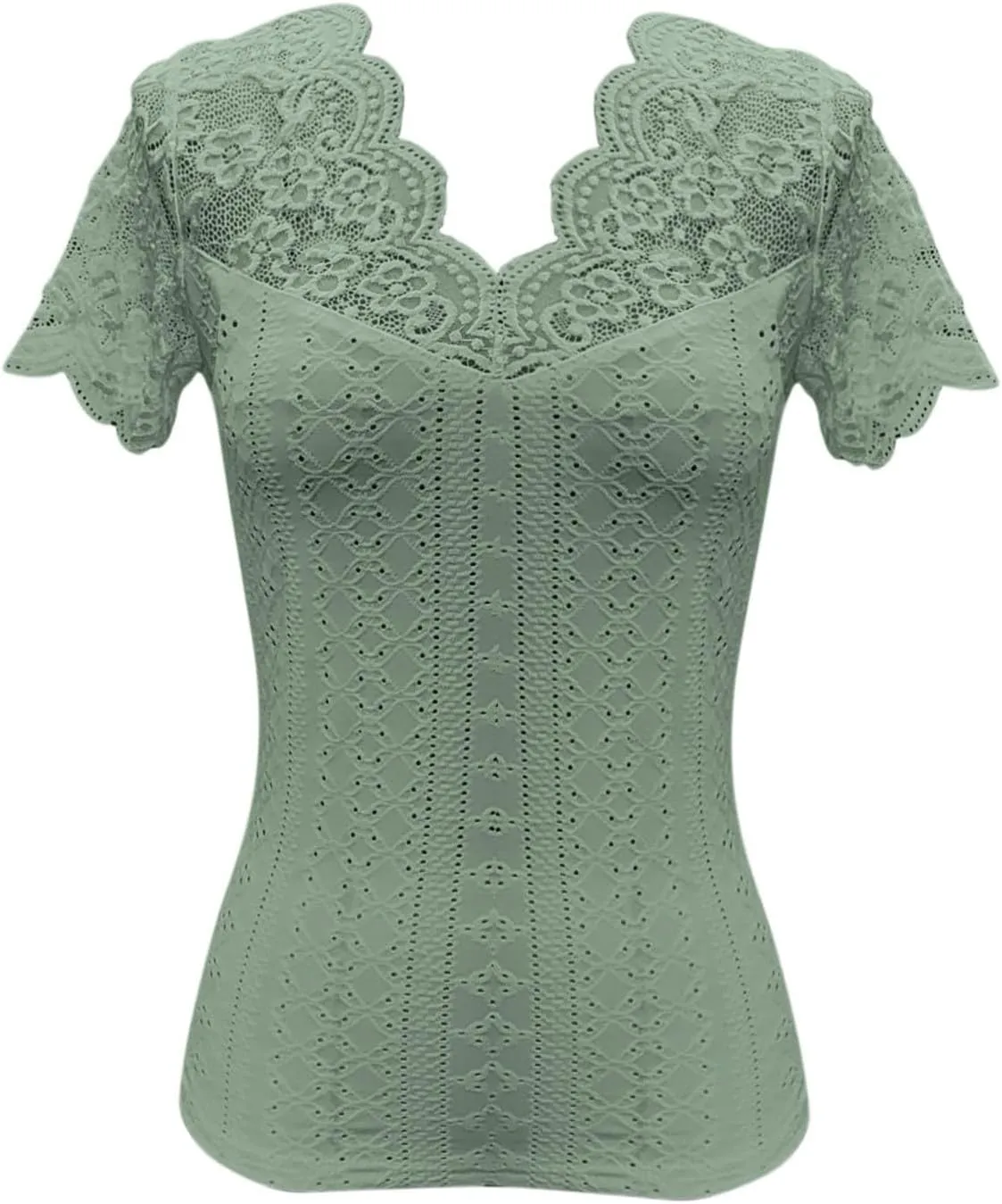 Womens Lace Scalloped Short Sleeve V Neck T Shirts Summer Casual Floral Tops Slim Fit Tees Blouses Sexy Tops for Women