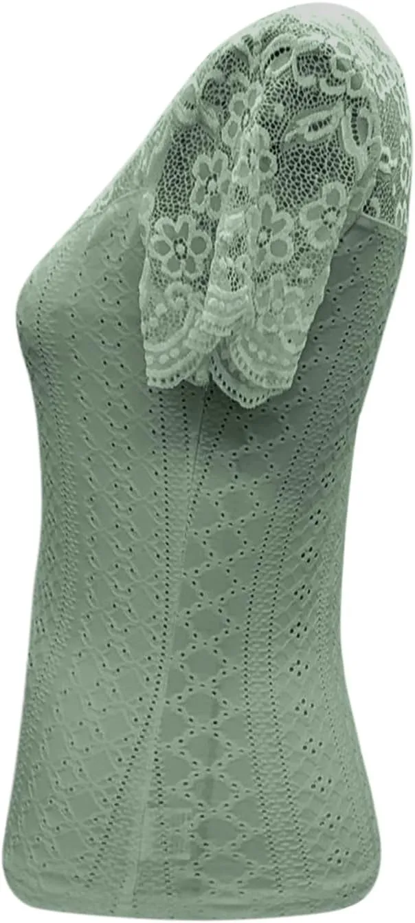 Womens Lace Scalloped Short Sleeve V Neck T Shirts Summer Casual Floral Tops Slim Fit Tees Blouses Sexy Tops for Women