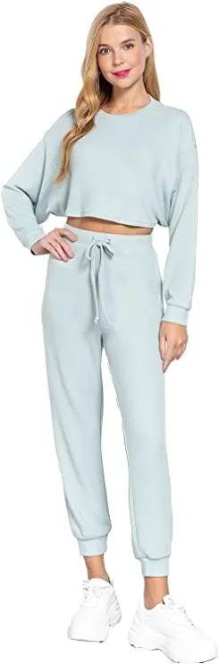 Women's  Long Dolman Sleeves Crew Neck Hacci Crop Top