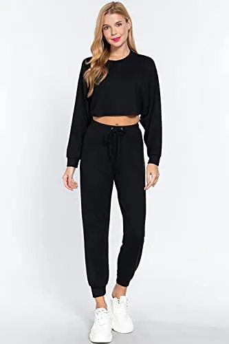 Women's  Long Dolman Sleeves Crew Neck Hacci Crop Top