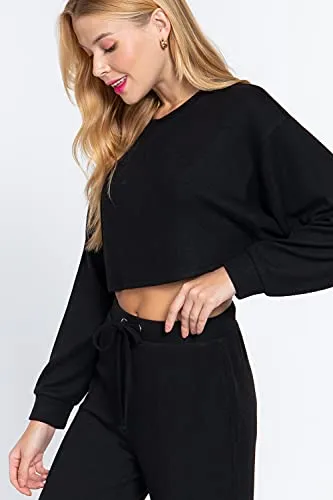 Women's  Long Dolman Sleeves Crew Neck Hacci Crop Top
