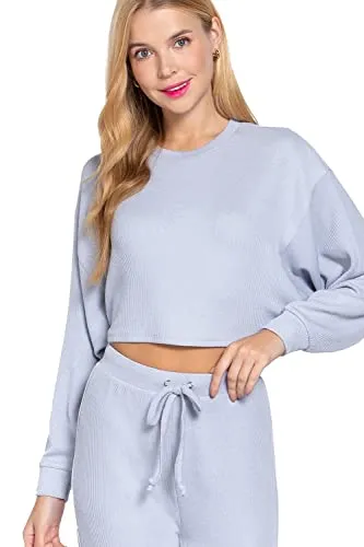 Women's  Long Dolman Sleeves Crew Neck Hacci Crop Top
