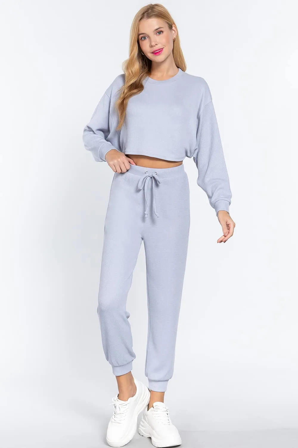 Women's  Long Dolman Sleeves Crew Neck Hacci Crop Top