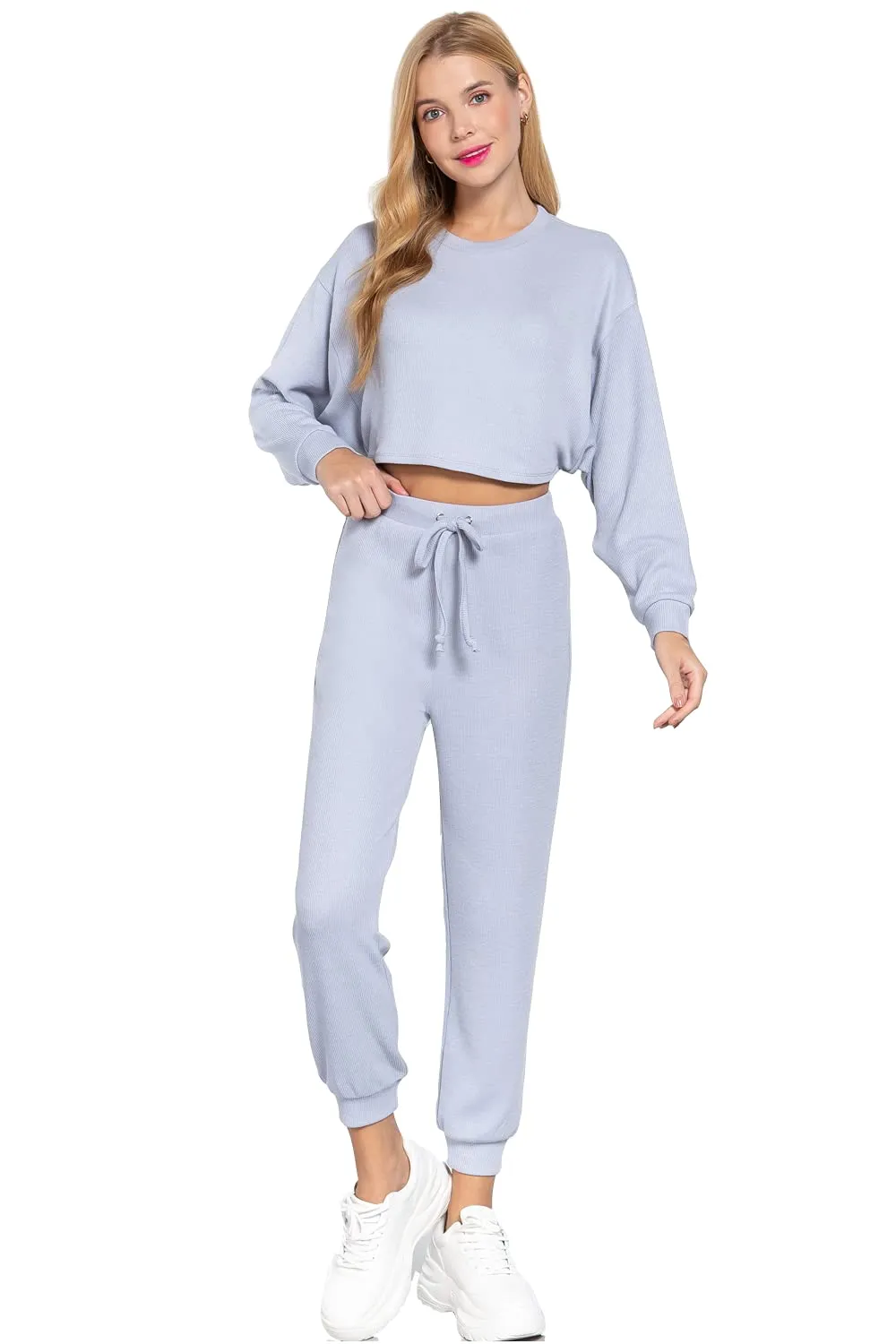 Women's  Long Dolman Sleeves Crew Neck Hacci Crop Top