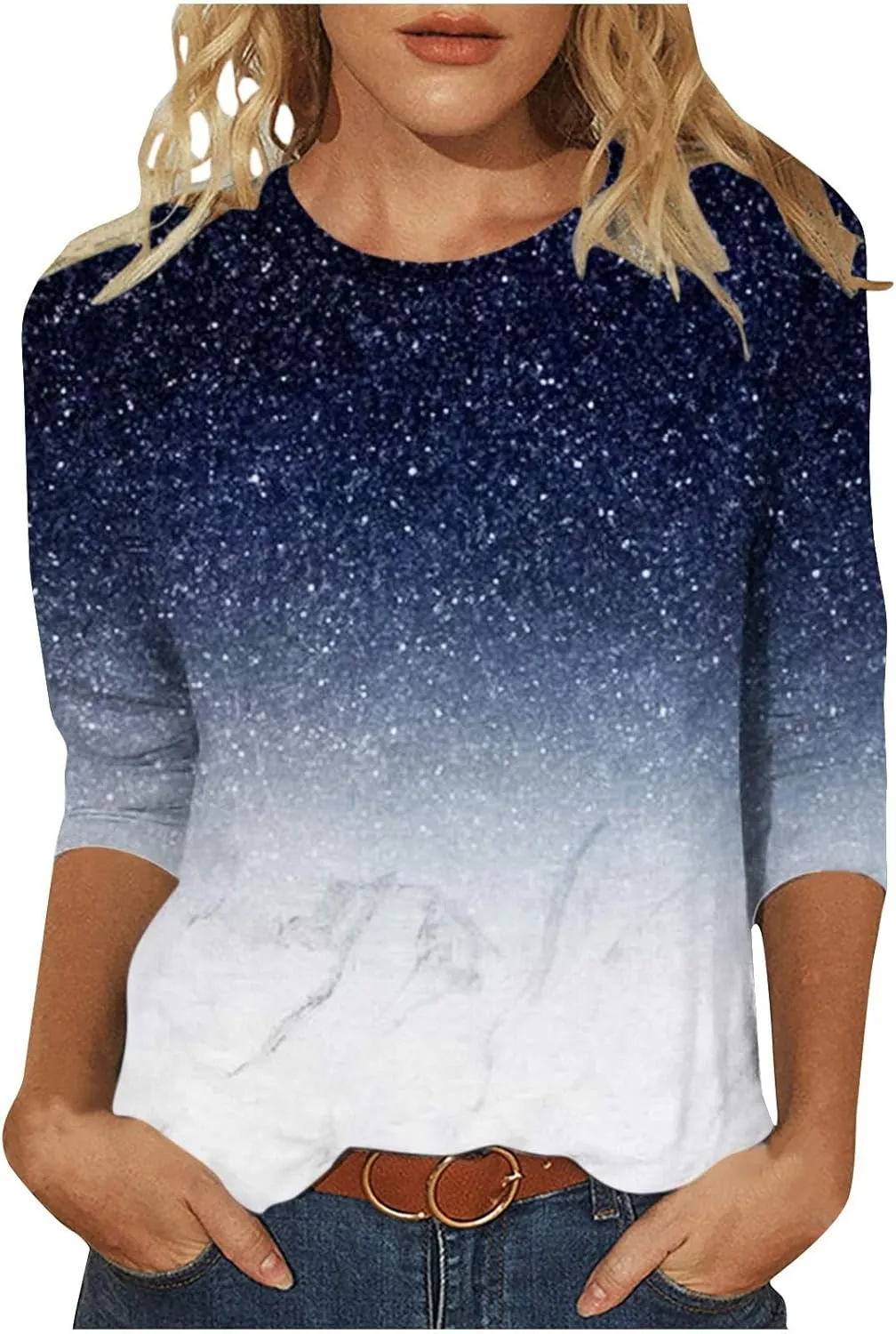 Womens Long Sleeve Crewneck Tunic Tops Gradient Color Block Shirts Blouse Slim Fit Tees T-Shirt Teen Girl Dressy Casual