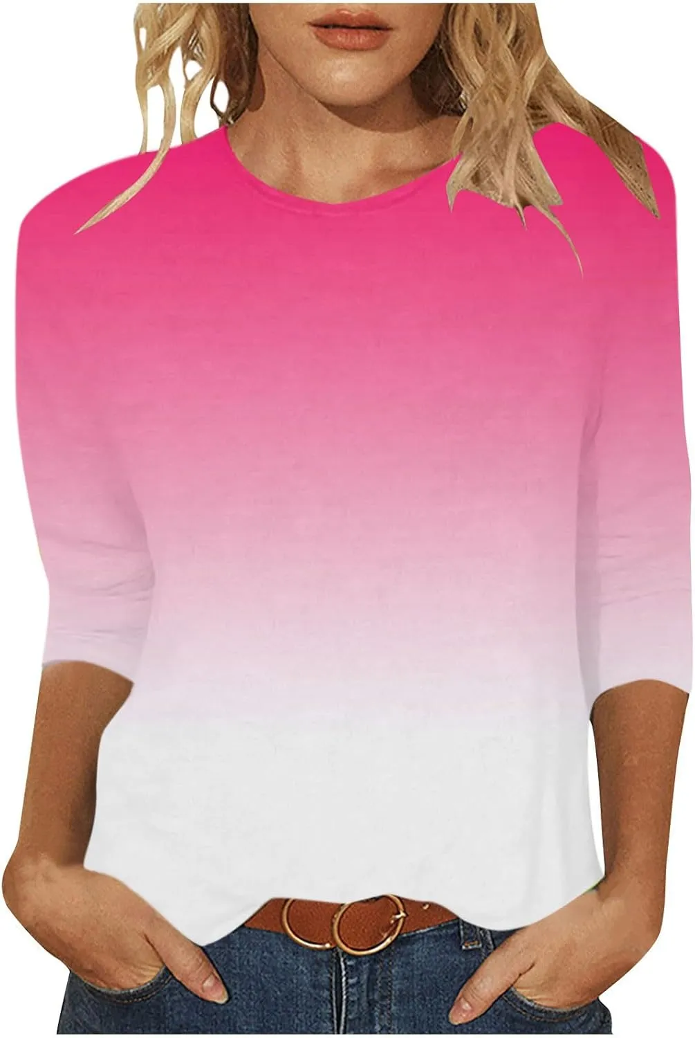 Womens Long Sleeve Crewneck Tunic Tops Gradient Color Block Shirts Blouse Slim Fit Tees T-Shirt Teen Girl Dressy Casual