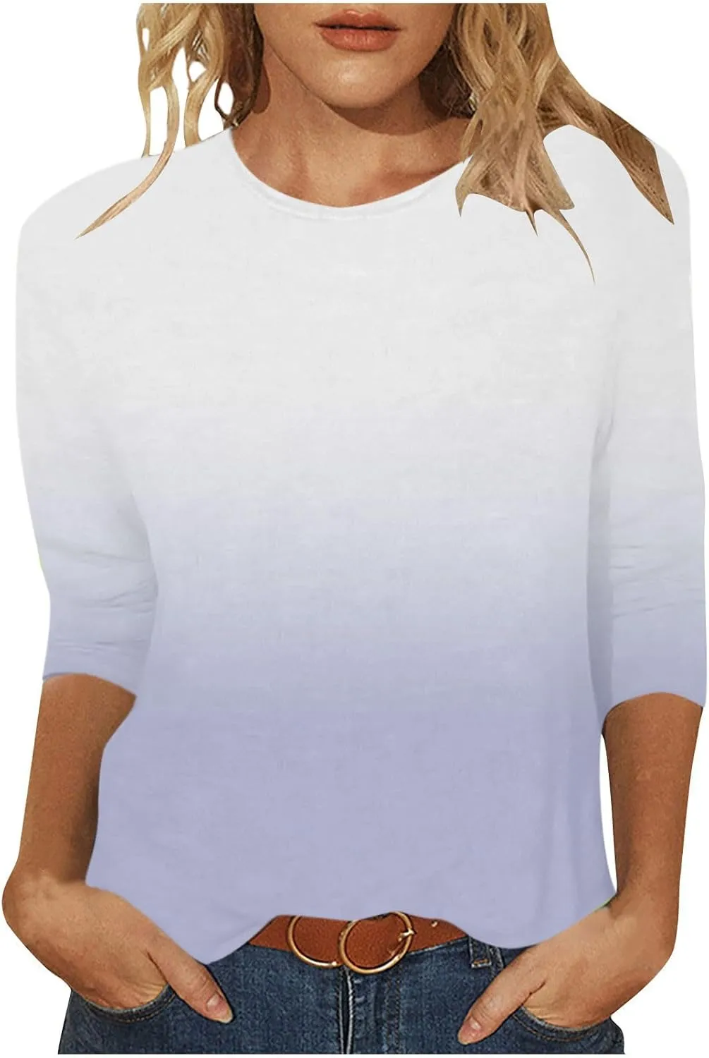 Womens Long Sleeve Crewneck Tunic Tops Gradient Color Block Shirts Blouse Slim Fit Tees T-Shirt Teen Girl Dressy Casual