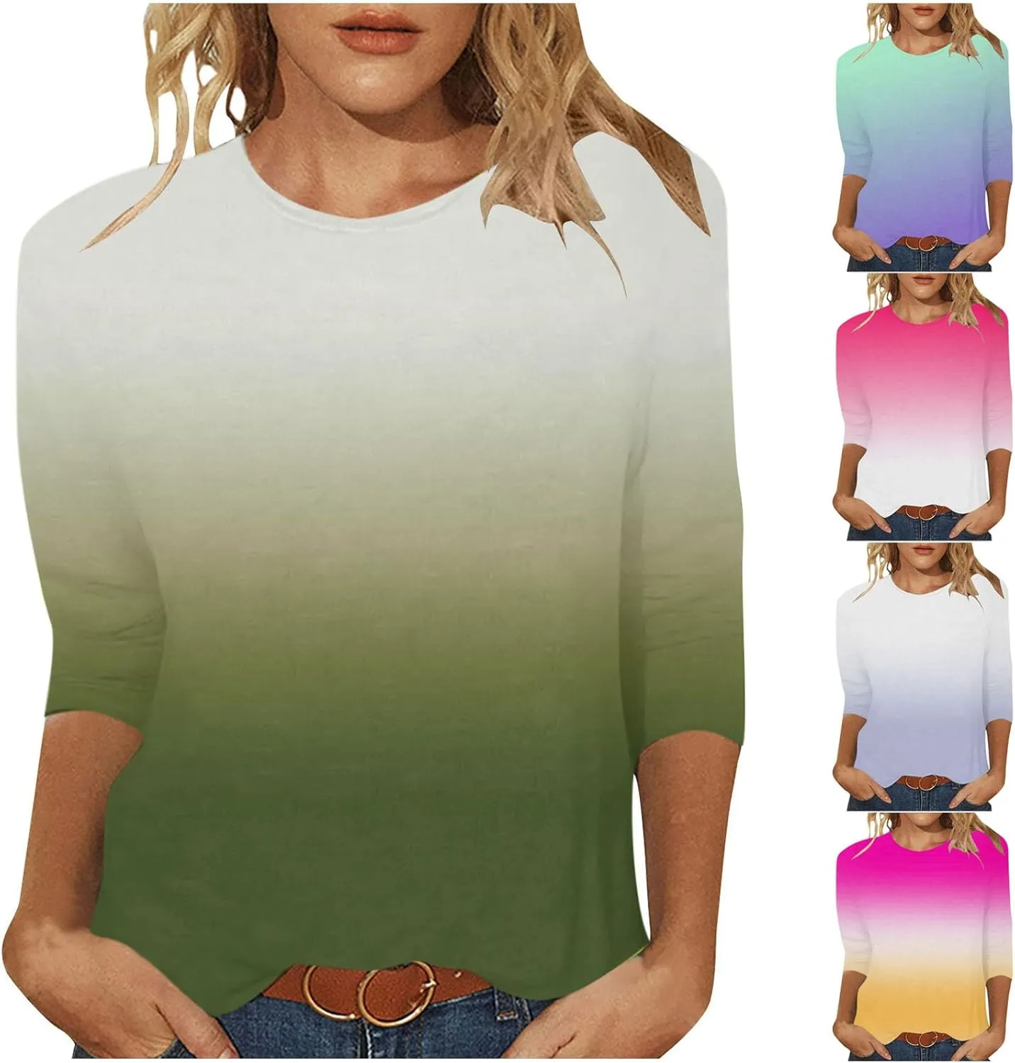 Womens Long Sleeve Crewneck Tunic Tops Gradient Color Block Shirts Blouse Slim Fit Tees T-Shirt Teen Girl Dressy Casual